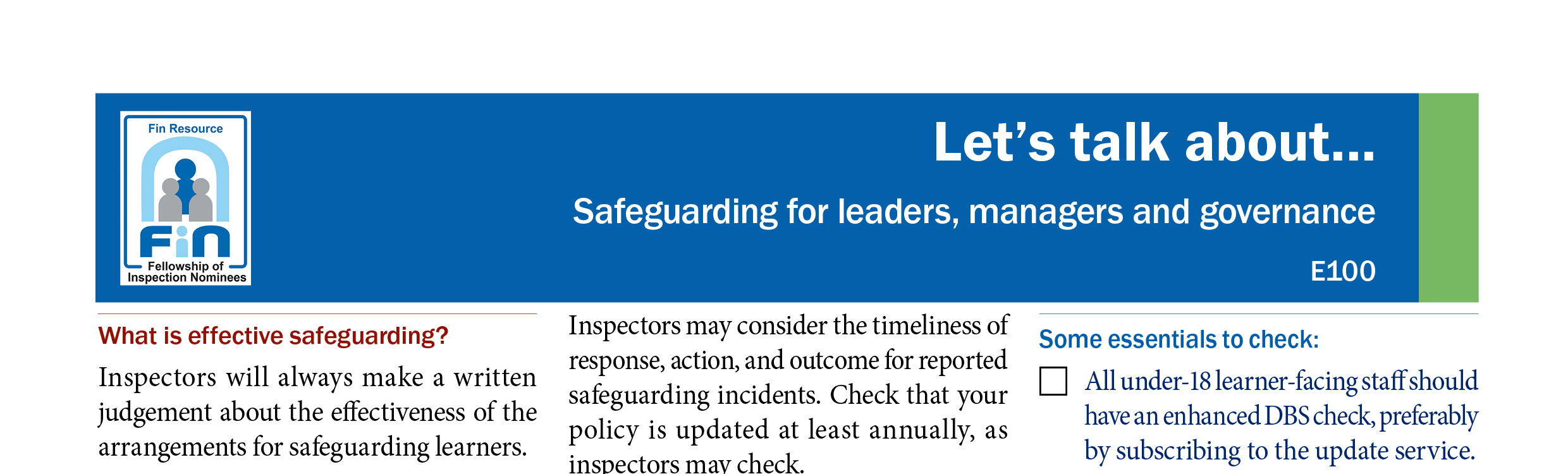 E100. Safeguarding for leaders, managers and governance