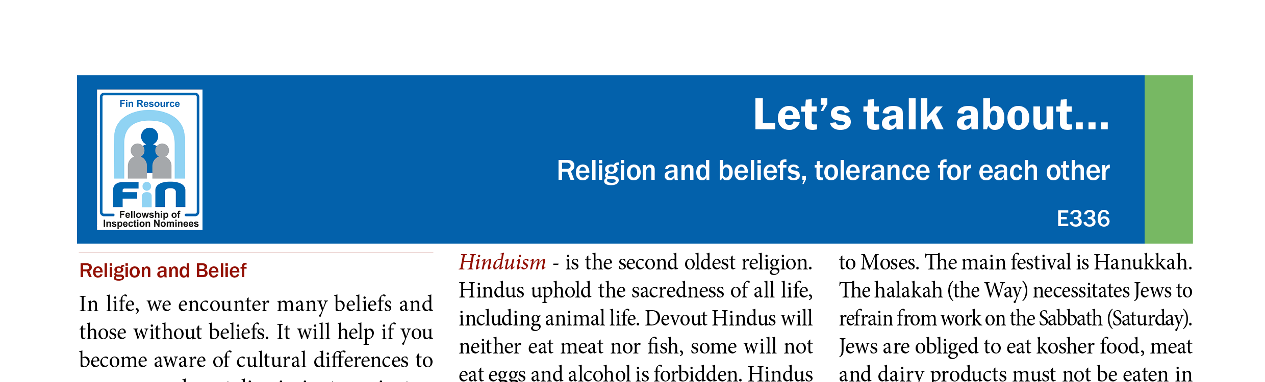 E336. Religion and beliefs - tolerance