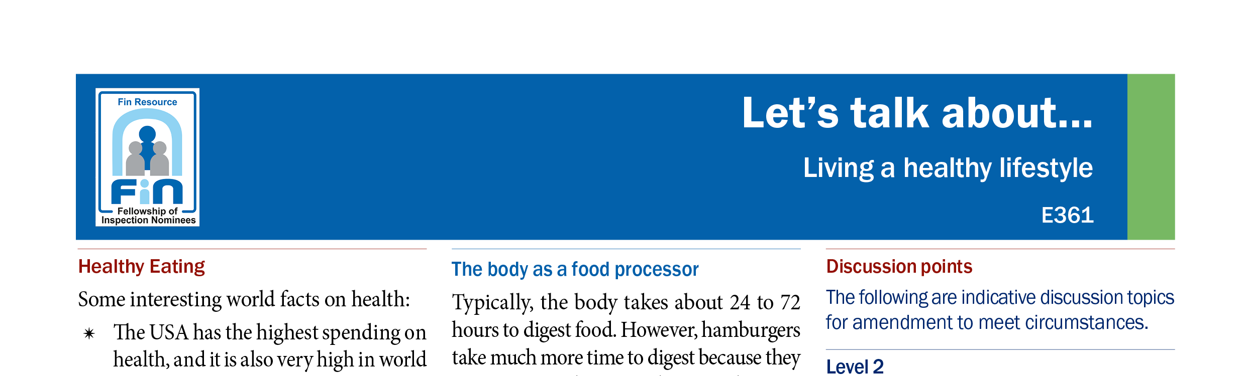E361. Living a healthy lifestyle