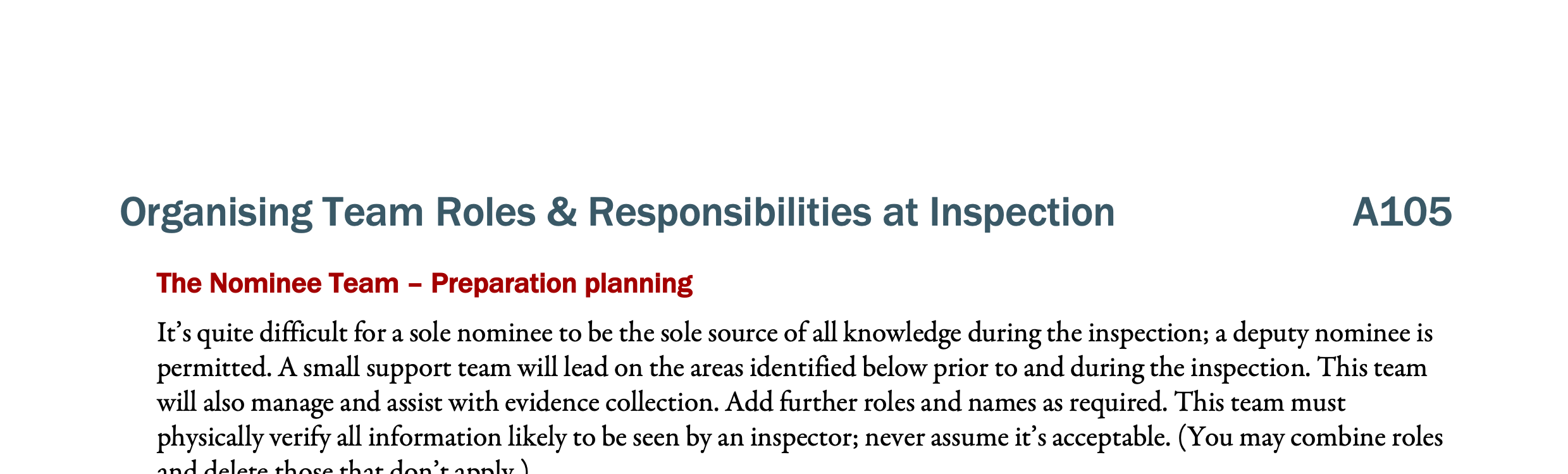 A105. Nominee cross organisation support team