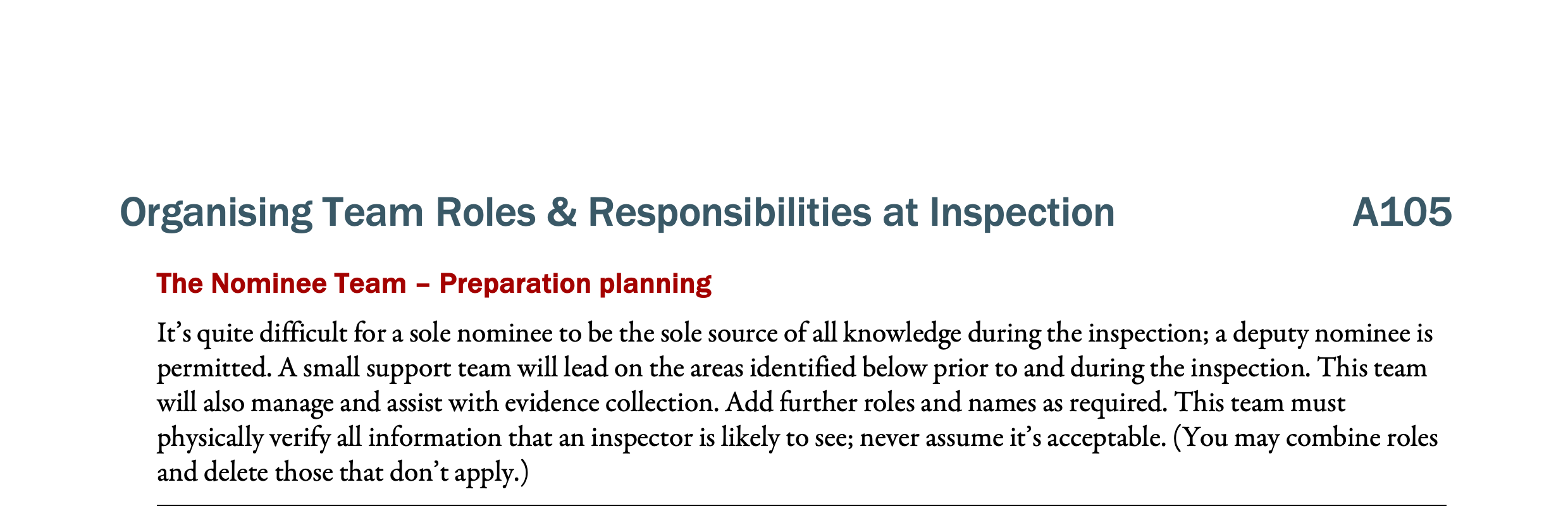 A105. Nominee cross organisation support team