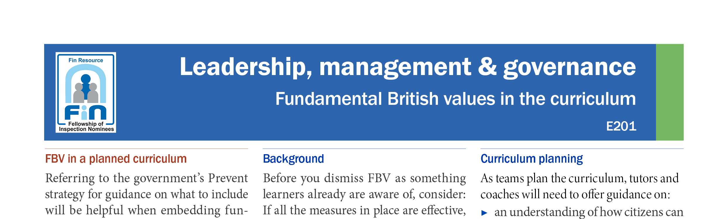 E201. British values and the curriculum