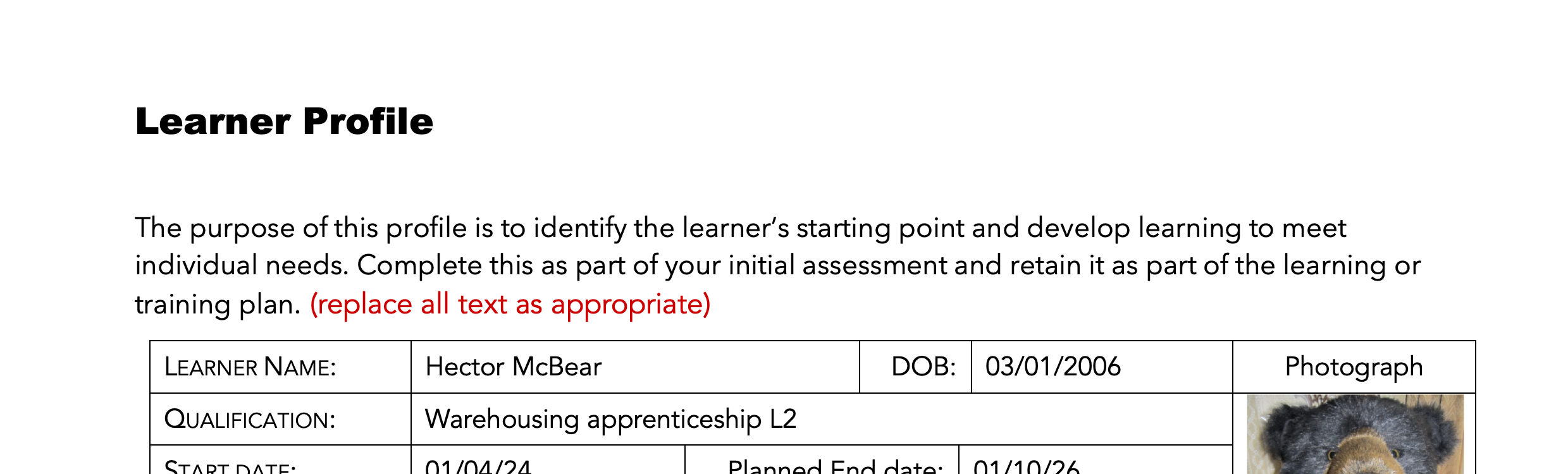 D107. Sample learner profile from IAG (MS Word)