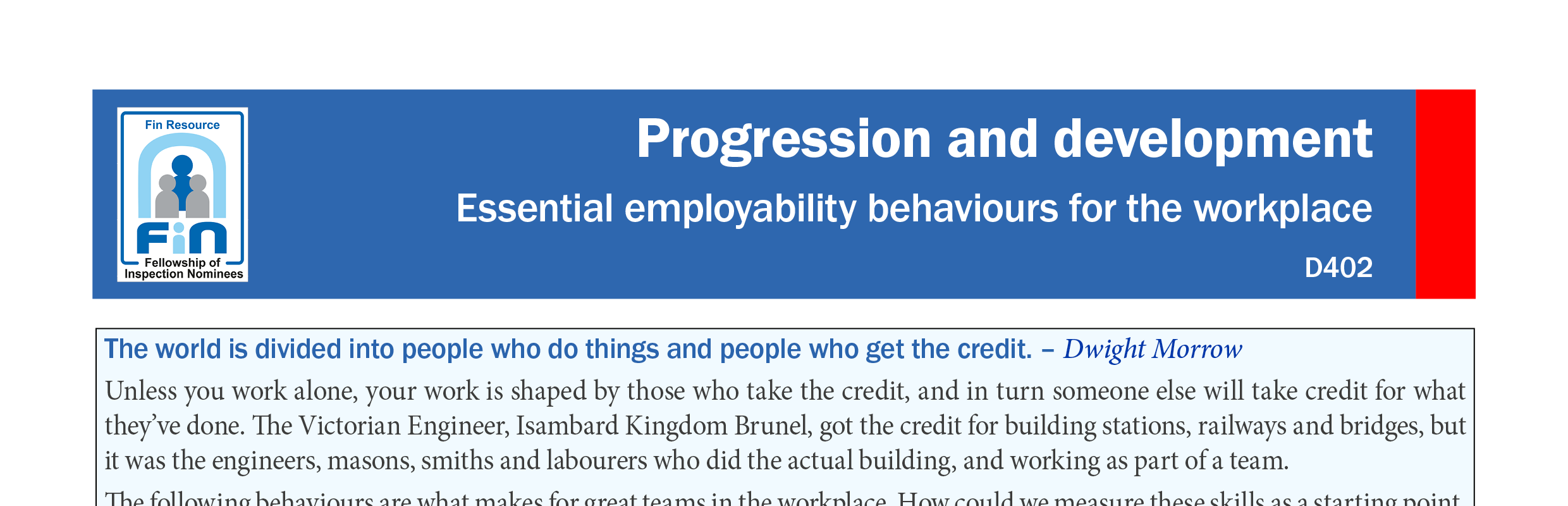 D402. Behaviours for the workplace