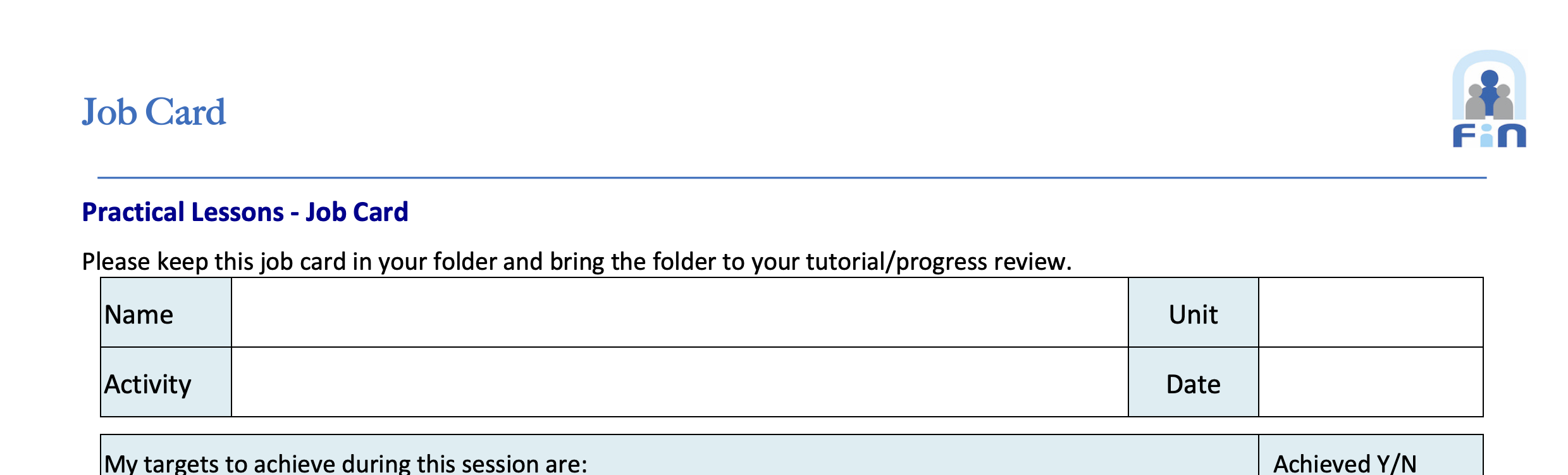 C105. Practical lesson plan & Job card template