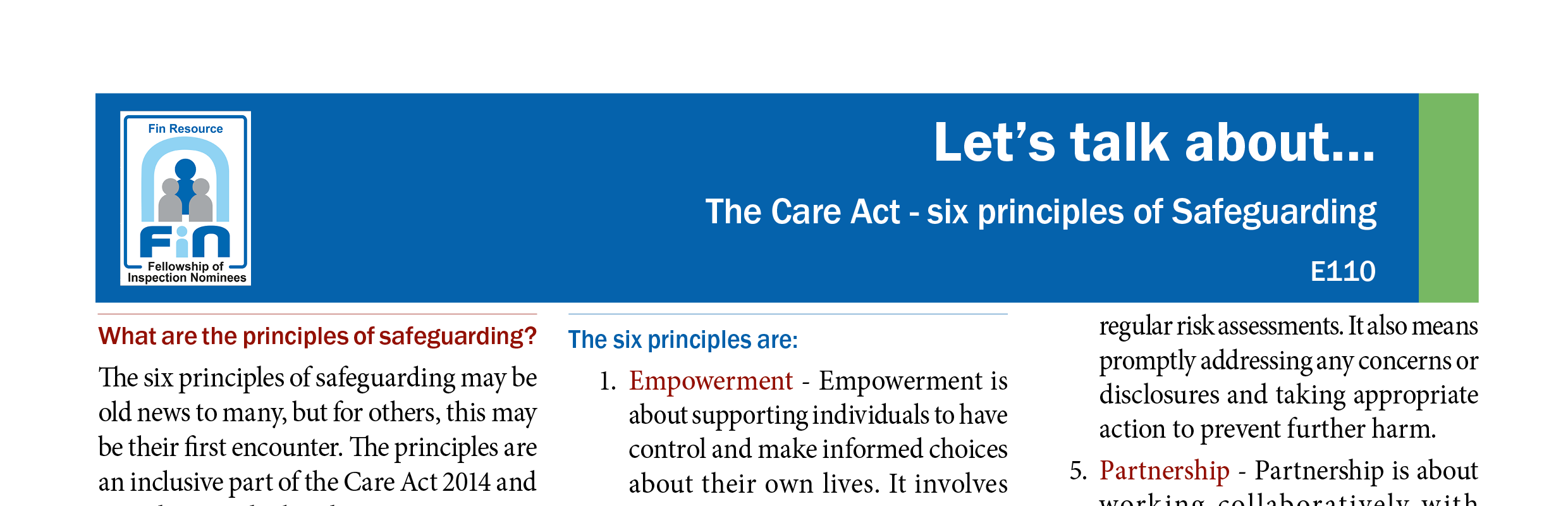 E110. The Care Act - six principles of safeguarding