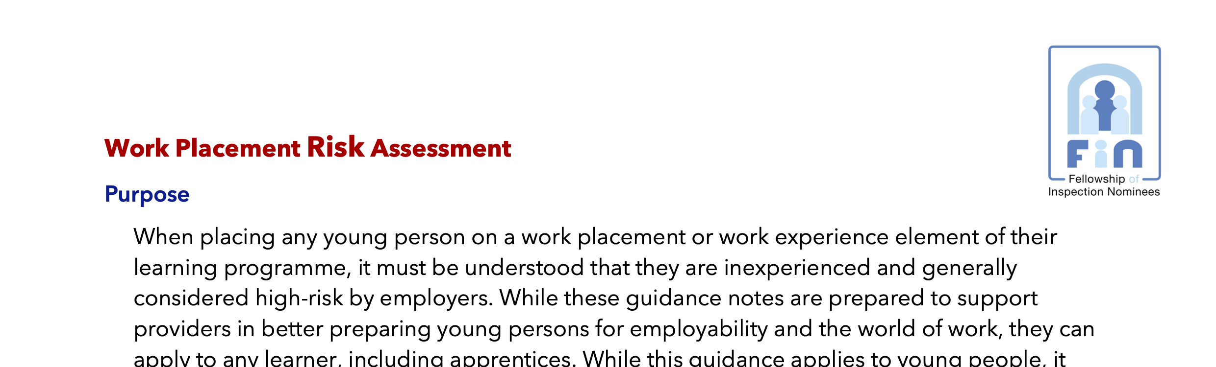 D300. Work placement risk assessment .MS Word to edit
