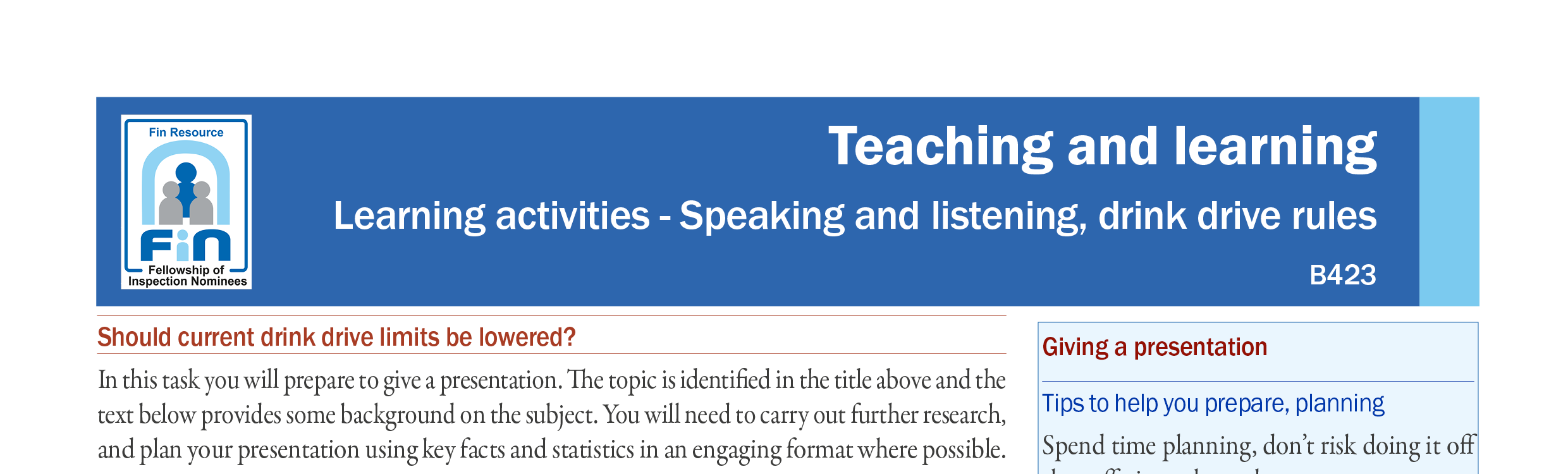 B423. Giving a presentation, speaking and listening