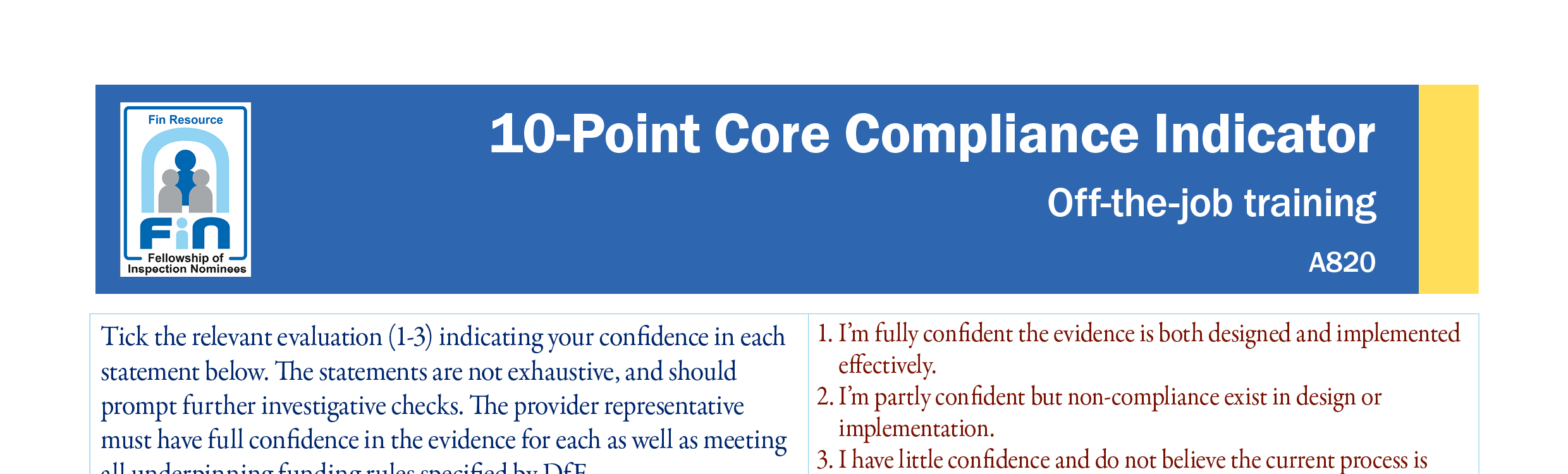 A820. Funding rules - Compliance indicator off-the-job