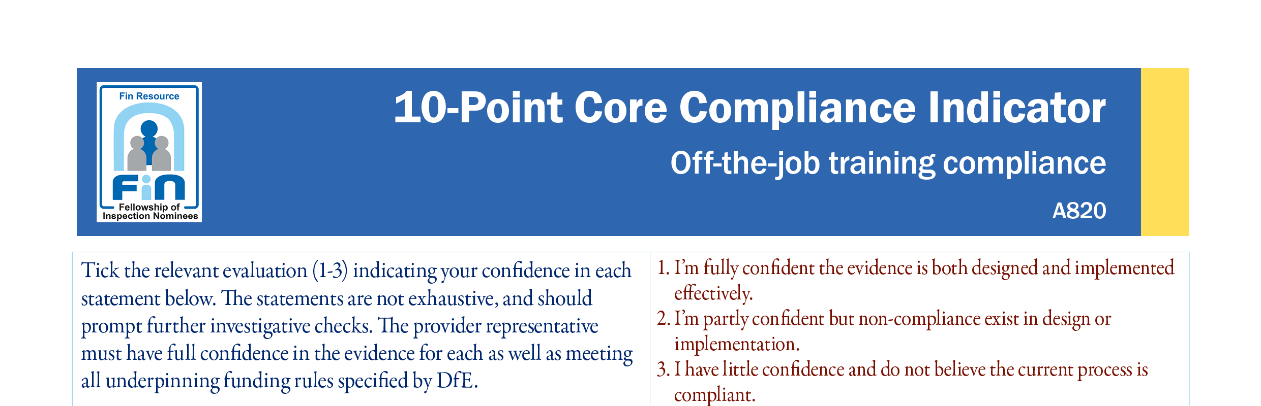 A820. Compliance indicator off-the-job