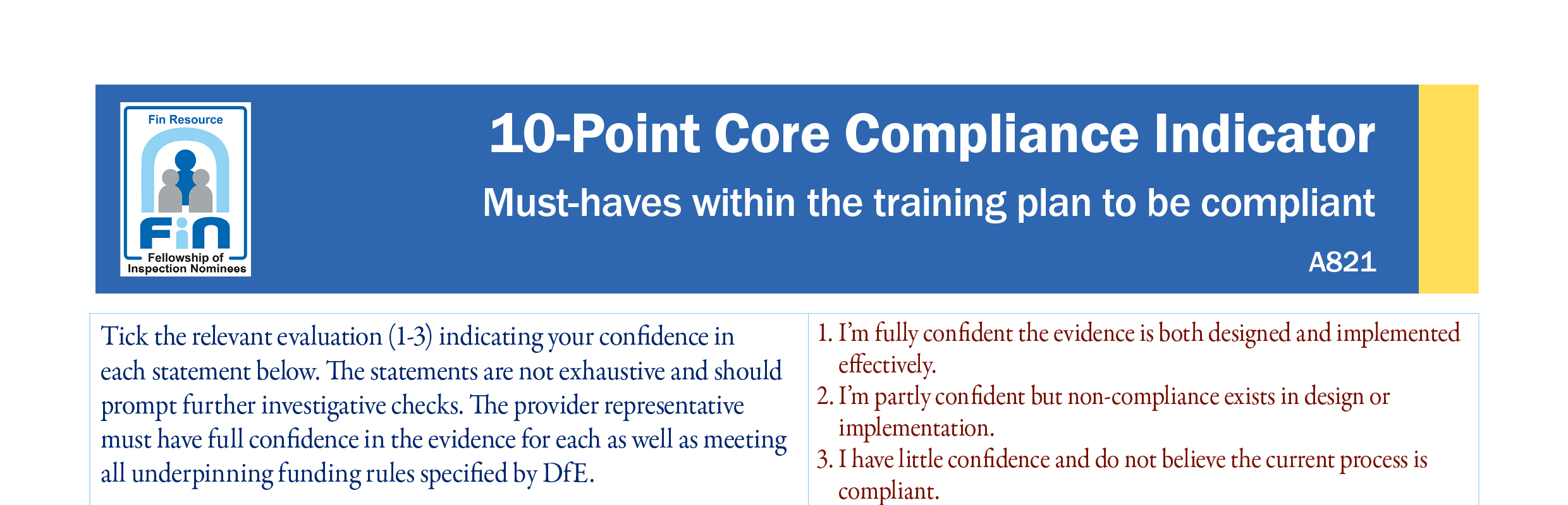 A821. Compliance indicator evidence pack