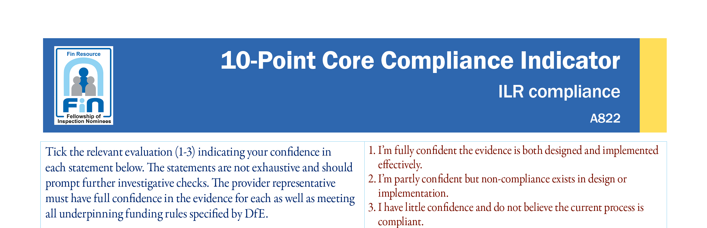 A822. Compliance indicator ILR entry