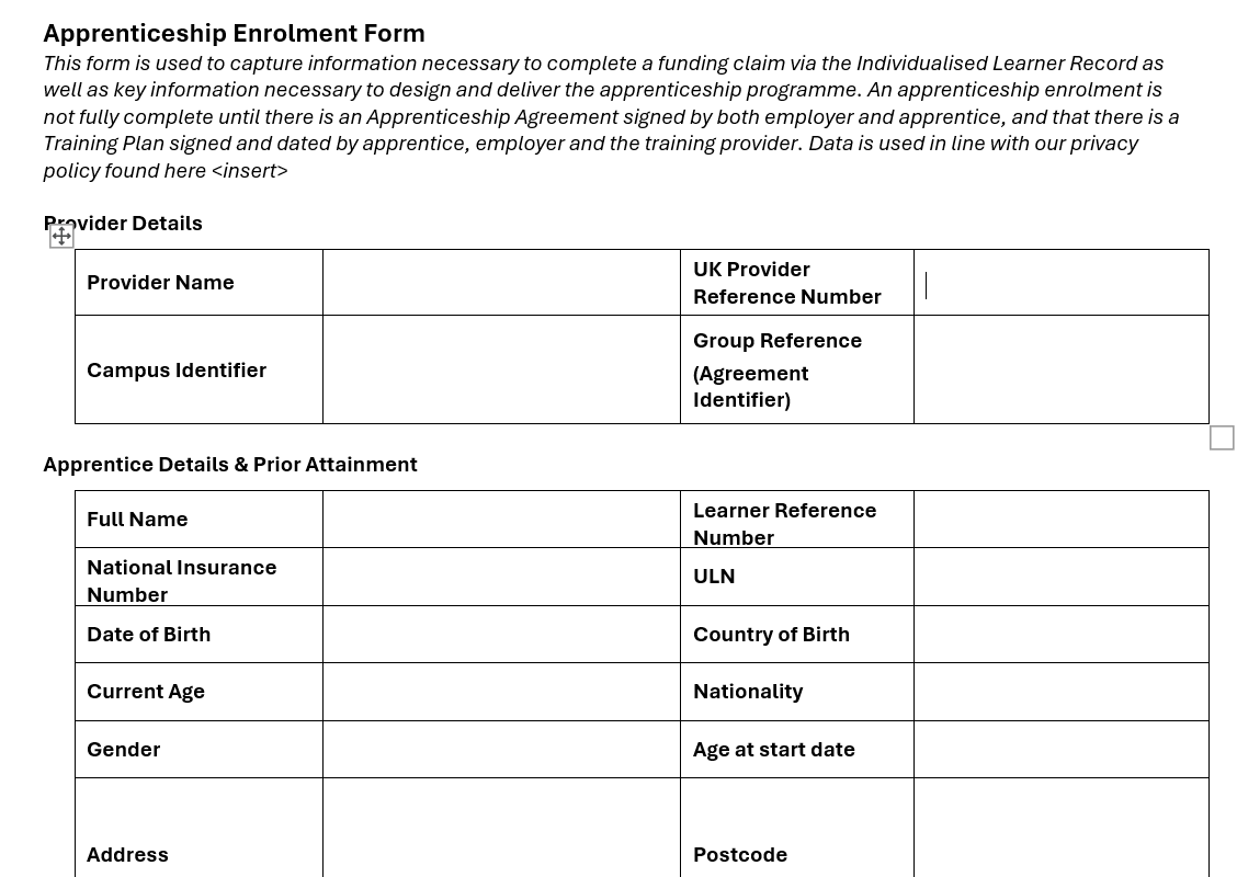A830.  Enrolment Form Template