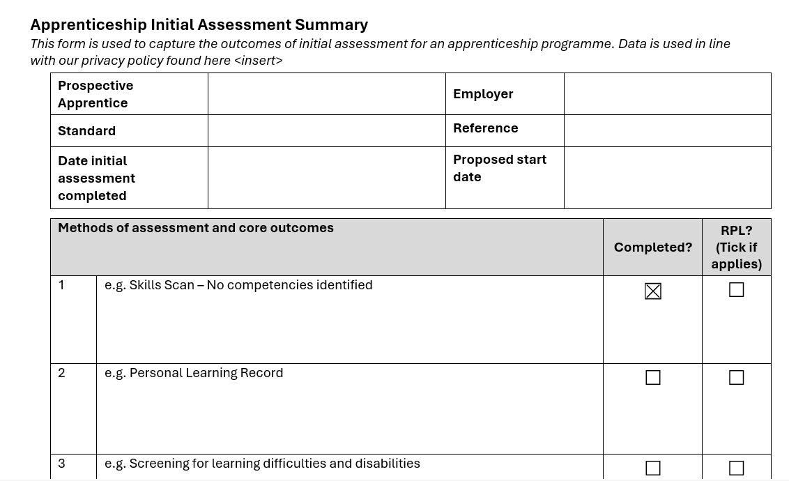 A831. Apprenticeship Initial Assessment Summary