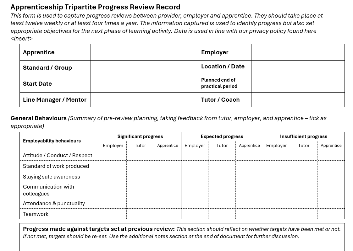 A833. Apprenticeship Tripartite Progress Review Record