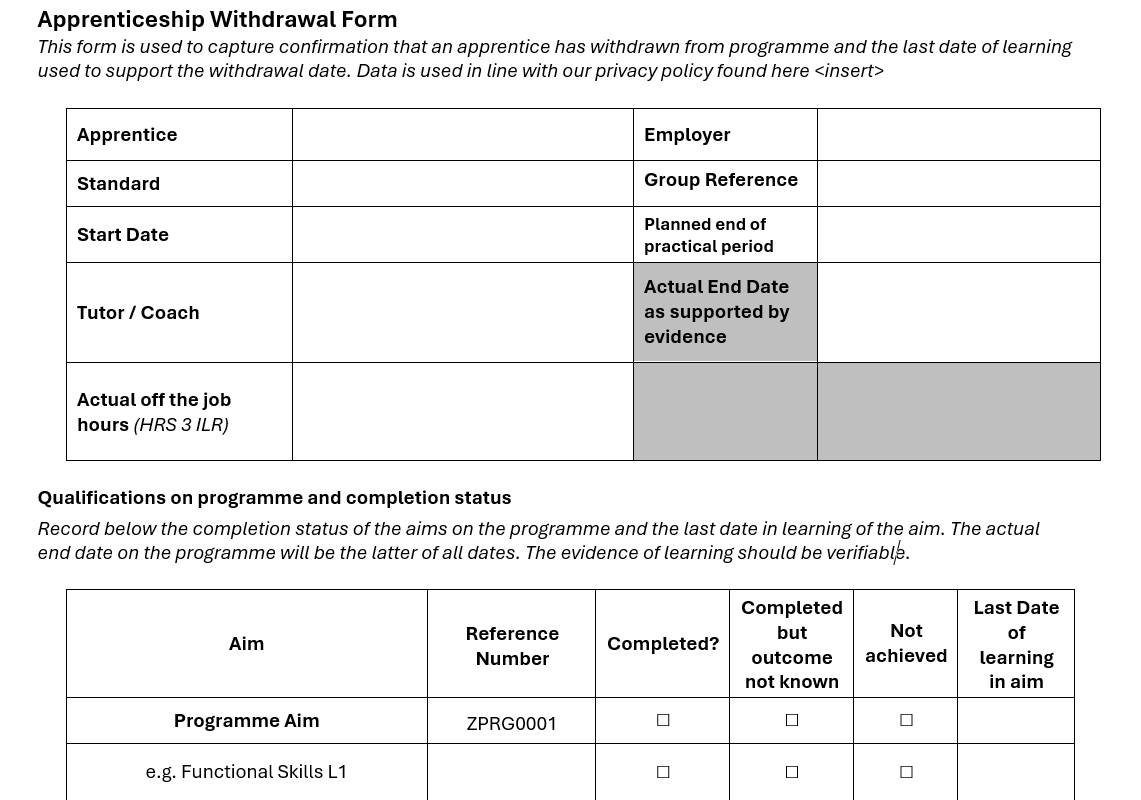 A834. Apprenticeship Withdrawal Form