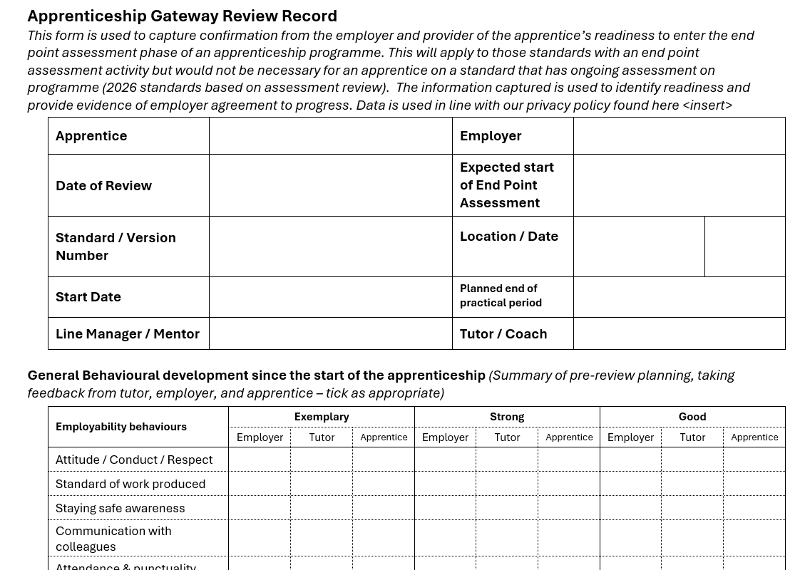 A835. Apprenticeship Gateway Review Record