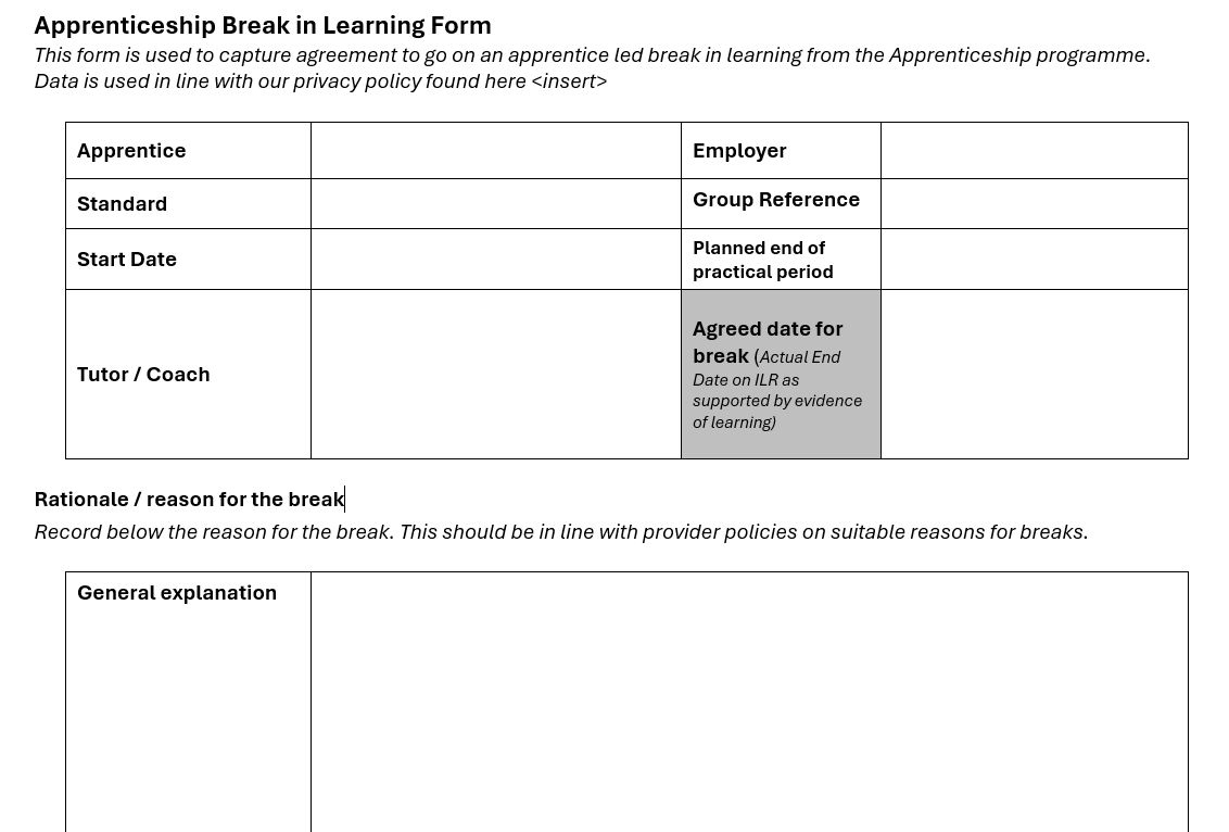 A836. Apprenticeship Break in Learning Form