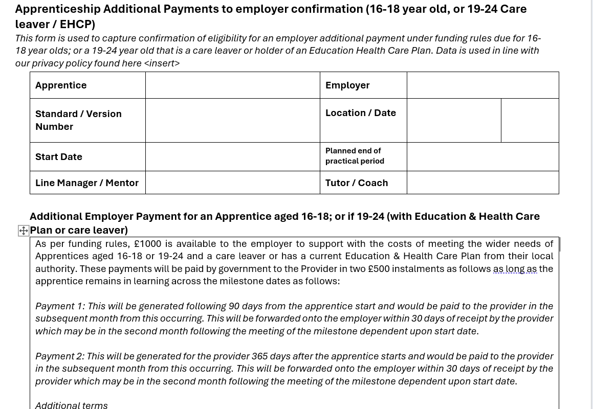 A837. Additional Payments to employer  (16-18 year old, or 19-24 Care leaver / EHCP)