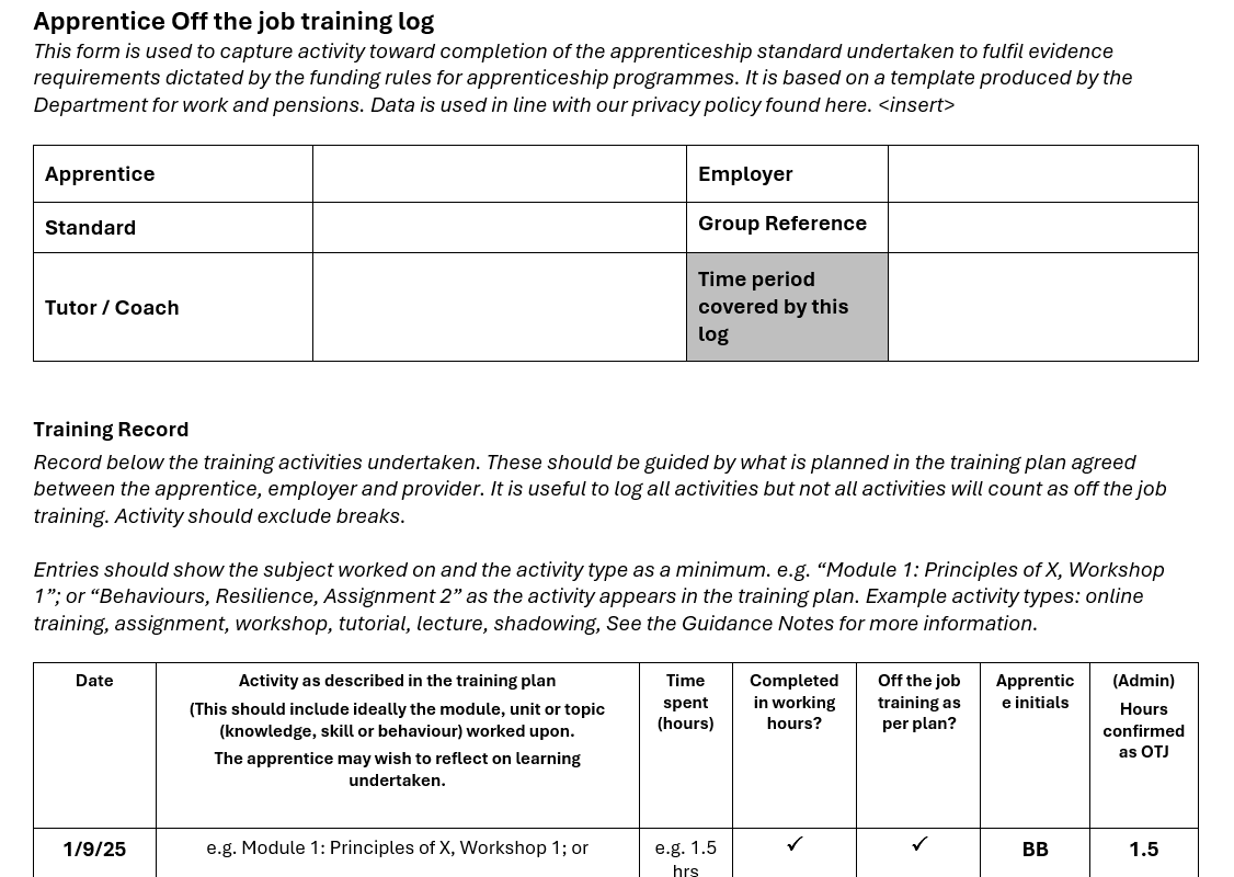 A839. Apprentice Off the Job Training Log