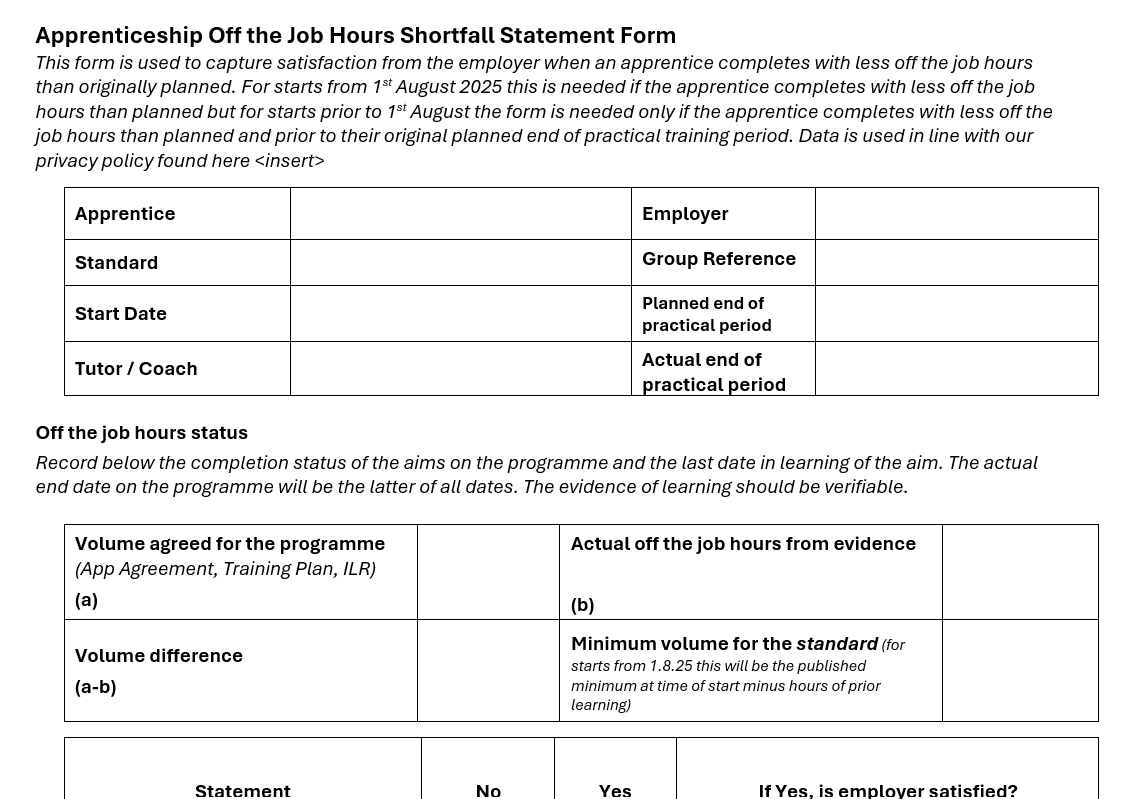 A840. Apprenticeship Off the Job Hours Shortfall