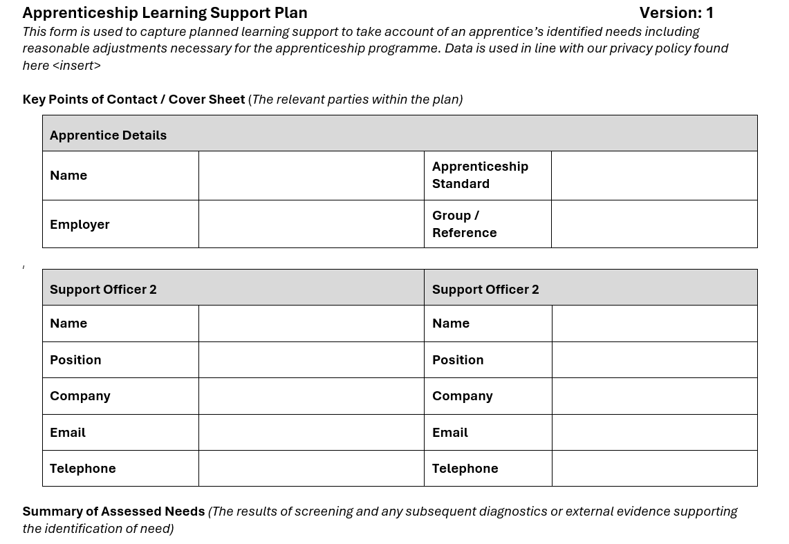 A842. Apprenticeship Learning Support Plan